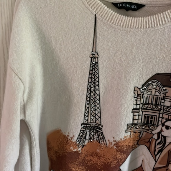 Love + Lace Cream Paris Graphic Cozy Sweater Top Size Small sequins soft cute - Picture 3 of 12